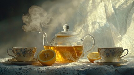 Steaming tea in glass teapot with lemon slices and vintage teacups on lace tablecloth.