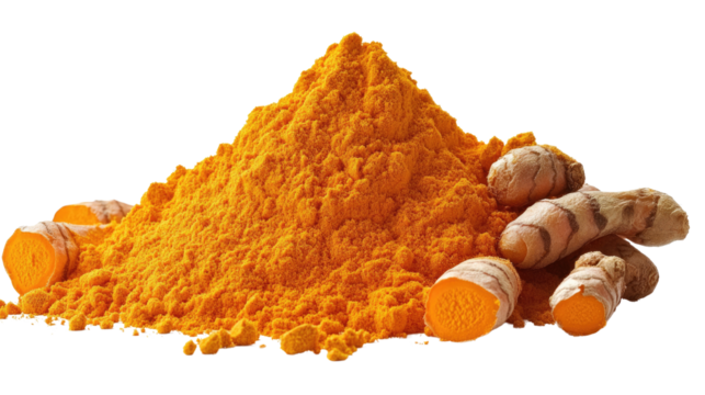 Golden Spice: A vibrant mound of turmeric powder with fresh turmeric roots, a visual feast of natural color and earthy textures.