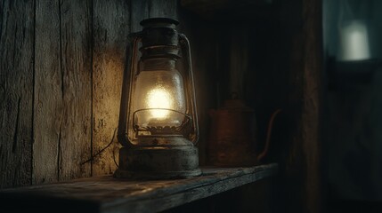 Glowing kerosene lamp on rustic wooden shelf.