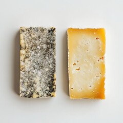 Two rectangular cheese slices, one with dark spots, the other pale yellow