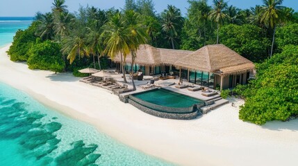 Luxury private island home with a thatched roof, palm trees, and a serene beach.
