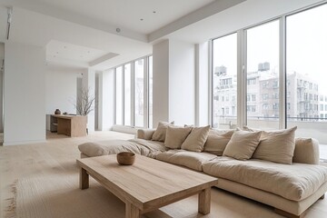 Fototapeta premium A modern minimalist interior design in the living room with a beige sofa and coffee table. Generative AI 