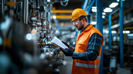 A male factory worker wearing a hard hat, safety glasses and orange work clothes is standing reading a machine operating manual in a factory to check the correctness of the operation.