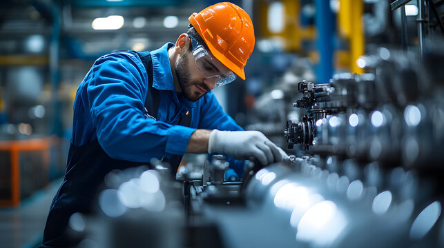 A male factory worker wearing a hard hat, safety glasses and black work clothes with gloves is standing in a factory to fix a machine to work.