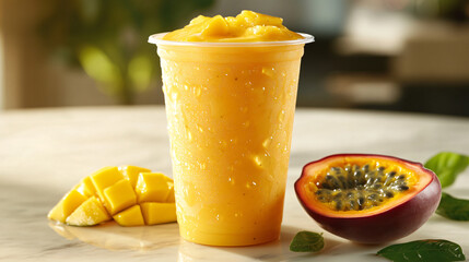 Refreshing Mango Passion Fruit Smoothie in Clear Cup on Table