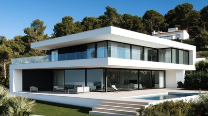 Fototapeta premium Minimalist house with clean geometric lines, white walls, and large glass windows, surrounded by greenery.