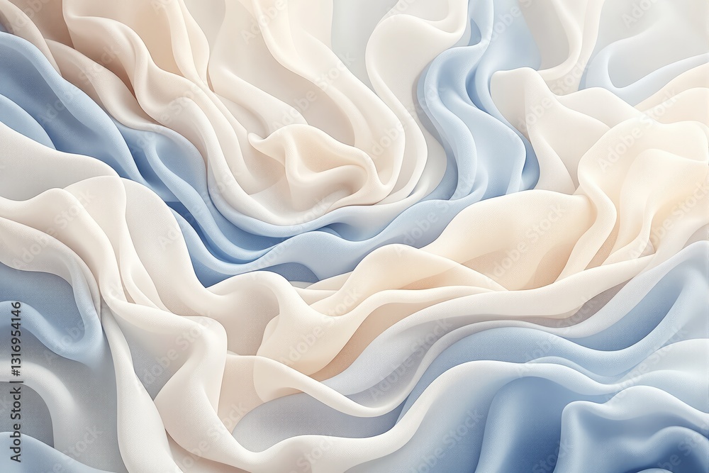 Poster abstract flowing pastel fabric-like textures in soft beige and blue hues on a bright background.
