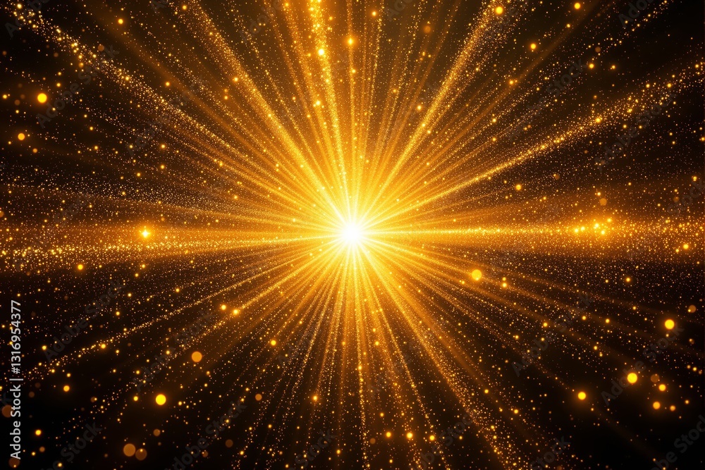 Poster golden light burst with sparkling particles and glowing rays on a dark background.