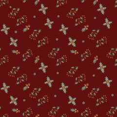 seamless pattern pxl 5000x5000 with cute details: wrapped presents, sweets, snowflakes on dark red background, perfect for wrapping paper, digital card, holiday celebration