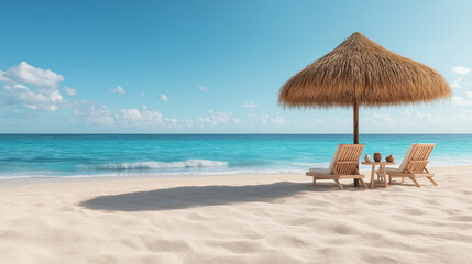 Tropical beach with straw umbrella and lounge chairs