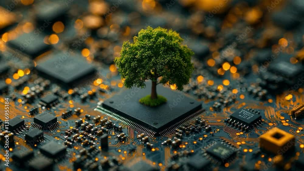 Poster Microchip with green tree on circuit board, technology and nature concept