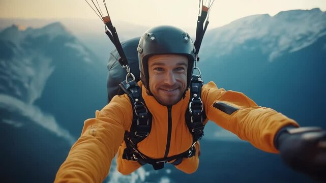 Skydiver enjoying freefall over stunning mountain landscape during sunrise in a vibrant orange jumpsuit