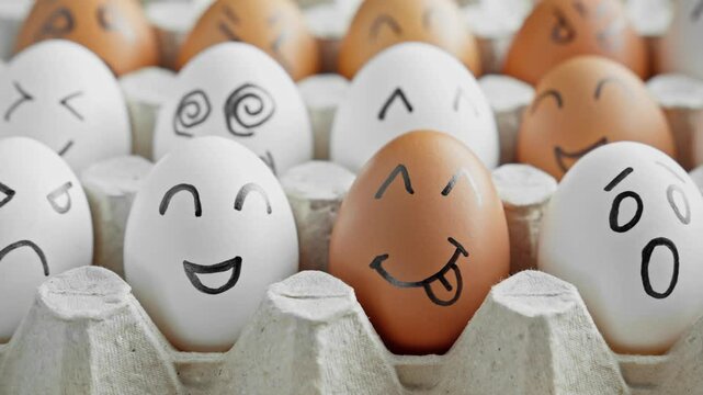 Cute easter eggs with funny faces in box. Dolly shot. Organic food. Happy, angry, sad, surprised faces. Close-up of hen eggs. Funny and interesting cartoon faces. Humor. 4K, UHD