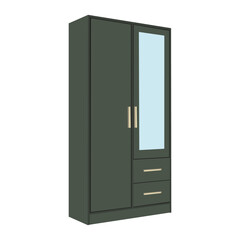 A green cabinet with a mirror on the door. The cabinet has two drawers and a mirror on the door