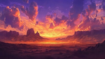 Fototapeta premium Vibrant sunset over a desert landscape with dramatic clouds and mountains.