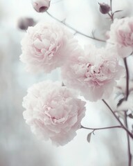Fototapeta premium Romantic soft pink peonies bloom against a light airy background in a dreamy floral arrangement close up shot