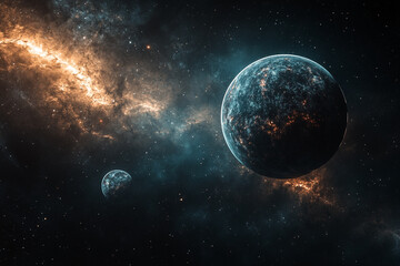 Stunning cosmic landscape featuring two planets and a vibrant nebula in deep space art dark blue