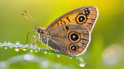 Obraz premium Close-up of a brown butterfly with dew drops on a leaf.