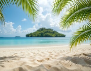 Fototapeta premium Tropical Beach Paradise with Palm Leaves, Turquoise Water, and Distant Island