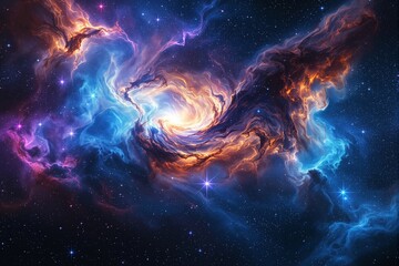 Abstract cosmic nebula with luminous swirls of blue and orange light in a starry background.