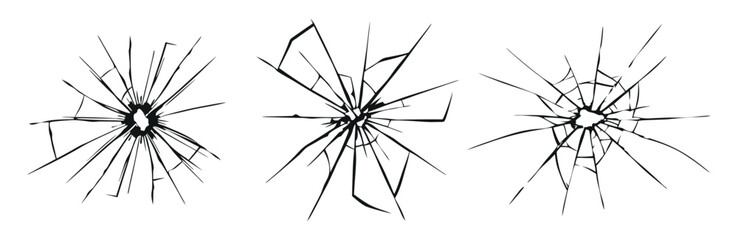 Set of Shattered Glass, Broken Window and Glass Surface Silhouettes. Vector Illustrations