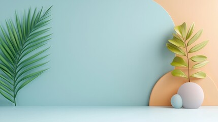 A minimalist arrangement featuring green plants against a pastel background, creating a modern and refreshing aesthetic.