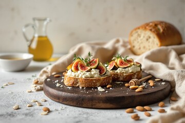 Fig and ricotta toasts on a wooden board with honey and almonds.