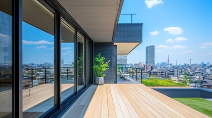 Modern Japanese house with a rooftop garden, sliding glass panels, and panoramic views of the surrounding city.