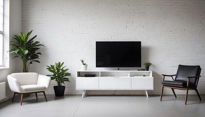 Minimalist Living Room Interior Design with White Brick Wall and Modern Furniture