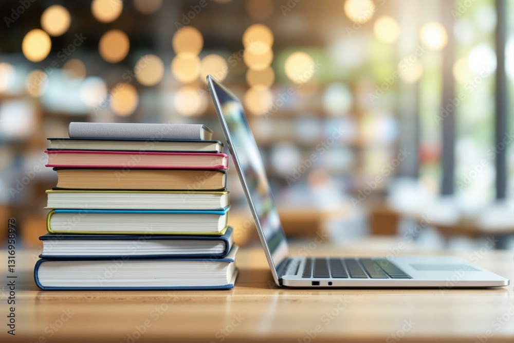 Poster Stack of books and laptop on wooden desk, symbolizing traditional and digital learning. Blurred library background with warm bokeh lights.