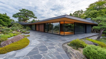 Modern Japanese house with sleek materials, stone flooring, and large windows offering a panoramic garden view.