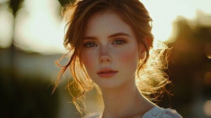 Close-up portrait of a young woman with freckles and red hair, styled updo hairstyle, sunset light.