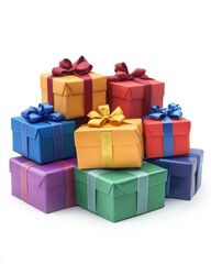 Obraz premium Colorful Stack of Wrapped Gift Boxes with Ribbons on White Background Festive Holiday Celebration