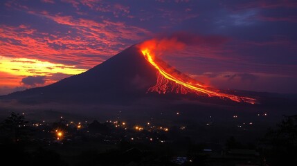 Fototapeta premium Erupting volcano at sunset, lava flowing down mountainside, illuminating night sky.