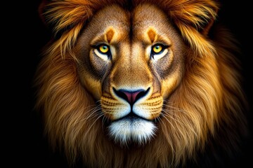 Fototapeta premium Majestic lion portrait with intense golden eyes on a black background.
