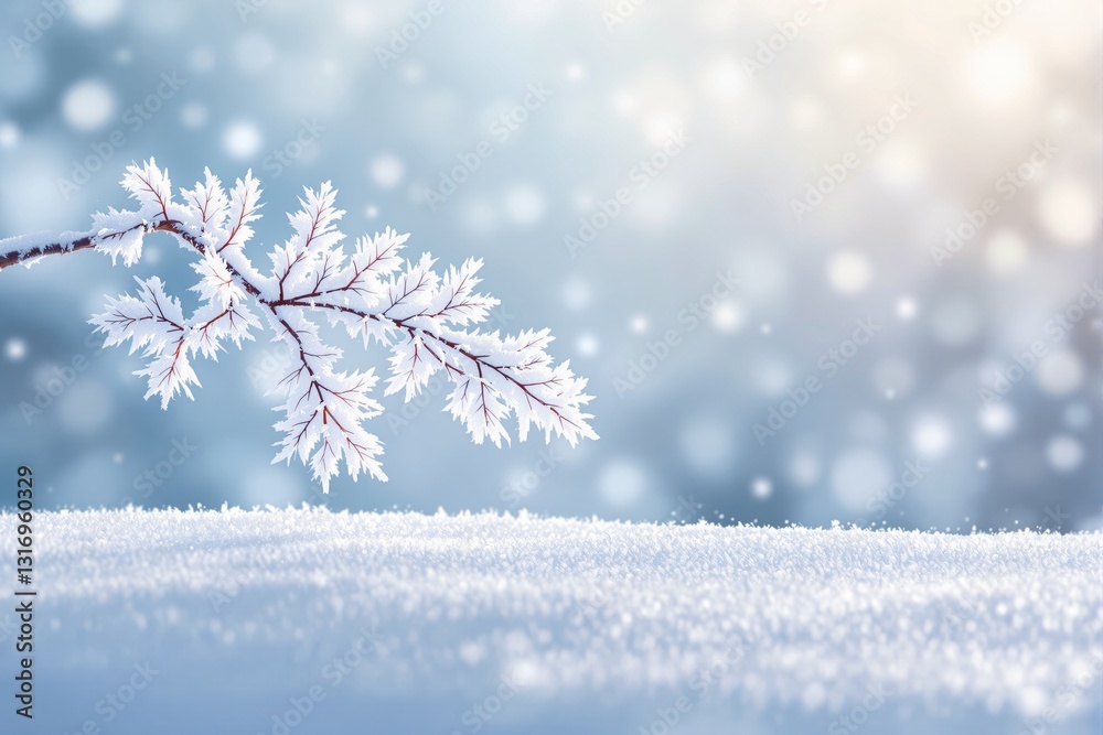 Poster frost-covered tree branch with delicate ice crystals against a soft-focus winter background.