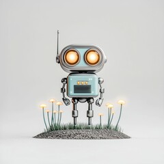 Futuristic Robot Planter with Mushrooms Isolated on White Background