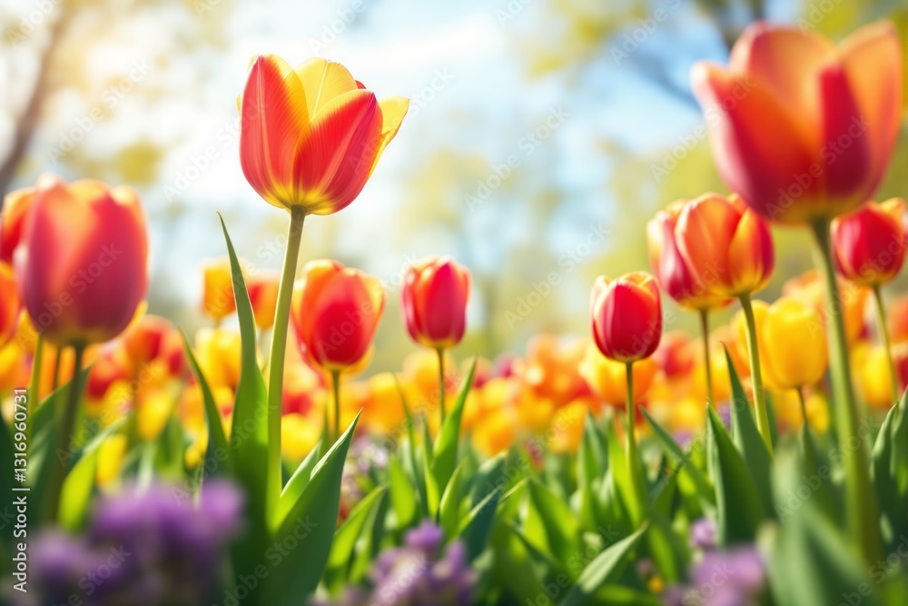 Poster vibrant tulips in full bloom with sunlight filtering through.