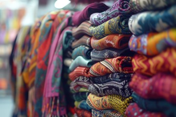 A pile of colorful scarves and shawls are stacked on top of each other
