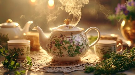 Steaming teapot with floral design, surrounded by teacups and herbs, bathed in warm sunlight.