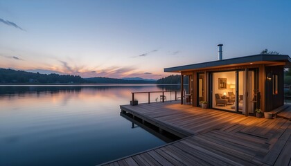 Obraz premium Modern Tiny House by Serene Lakefront at Twilight