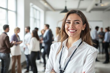 Businesswoman at corporate event with colleagues in background.