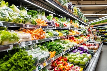 Obraz premium Fresh vegetables neatly arranged on supermarket shelves under bright lighting.