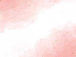 Abstract pink rose blush liquid watercolor background with golden lines, dots and stains. Pastel marble alcohol ink drawing effect. watercolour texture for cards, Brushstrokes and splashes.
