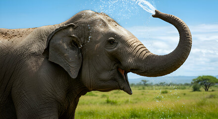 Naklejka premium Elephant Spraying Water Playfully