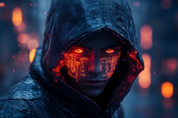 Rear view of incognito hacker using computer for organizing massive data breach attack on corporate servers. Secret location surrounded by displays, servers and cables. Anonymous Hacker in a Rainy Cy
