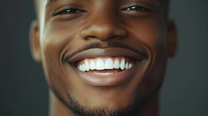 Fototapeta premium Close-up portrait of a smiling young man with bright white teeth and a happy expression.
