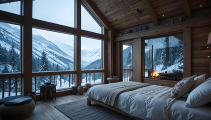 Fototapeta premium Snowy Mountain Lodge with Winter View and Cozy Interior