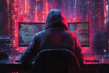 Rear view of incognito hacker using computer for organizing massive data breach attack on corporate servers. Secret location surrounded by displays, servers and cables. Anonymous Hacker in a Rainy Cy
