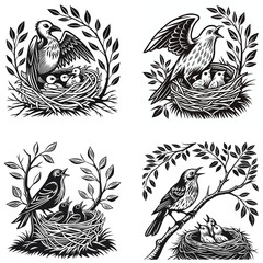 Obraz premium Mother Bird Feeding Chicks Nesting Birds Silhouette.